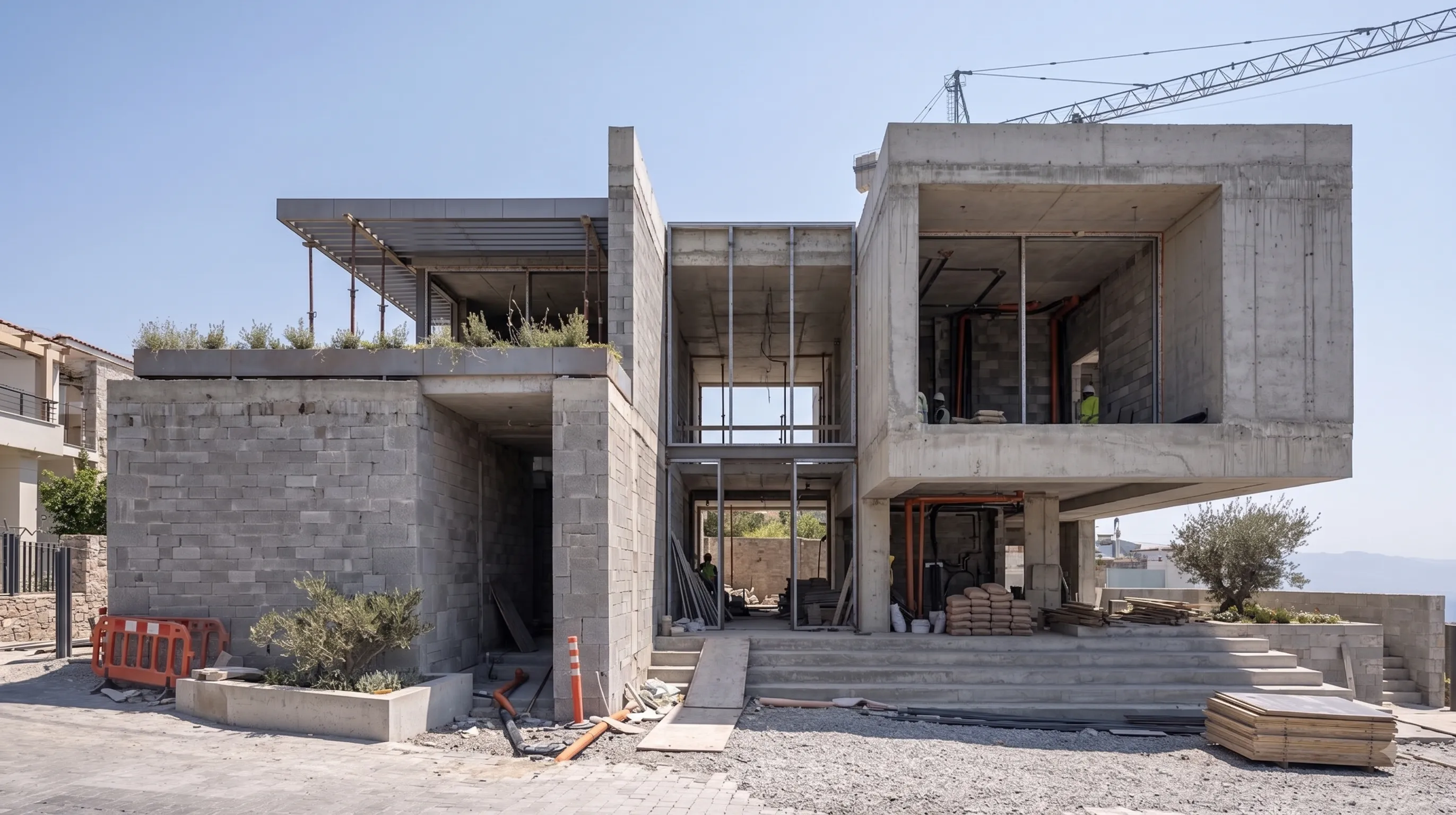 Aynı arsa üzerinde kaba yapısı tamamlanmış, betonarme iskeleti ortaya çıkmış bir villa şantiyesi