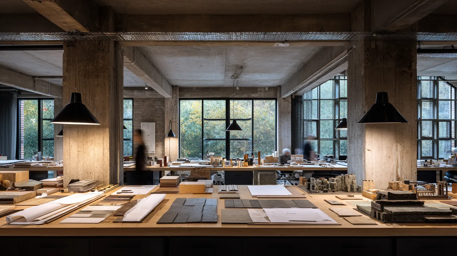 Demir Design&Build stüdyosu — maket, malzeme örnekleri ve çizimlerle dolu çalışma masası